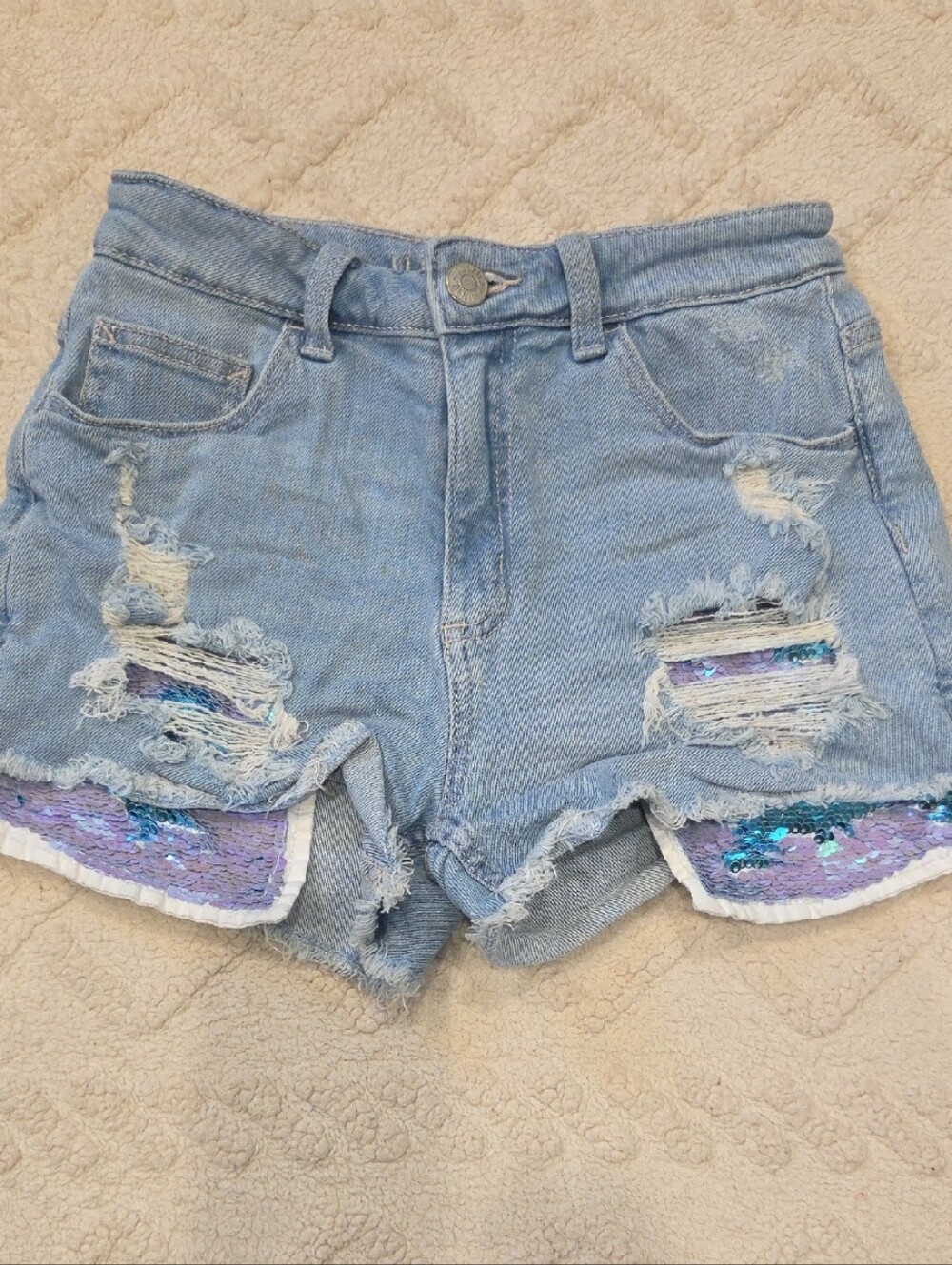 Justice Light Blue Distressed Denim Shorts with Iridescent Sequin Underlay